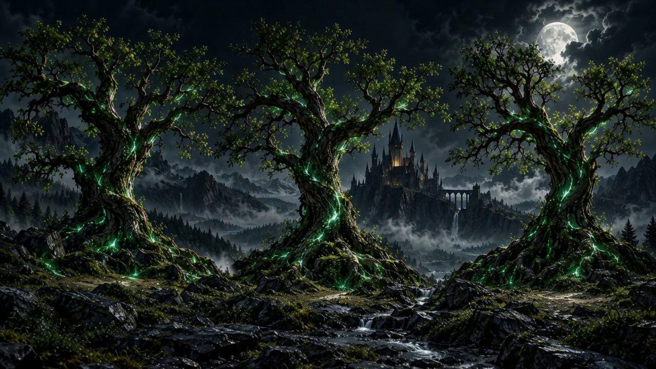 Three grown fantasy trees